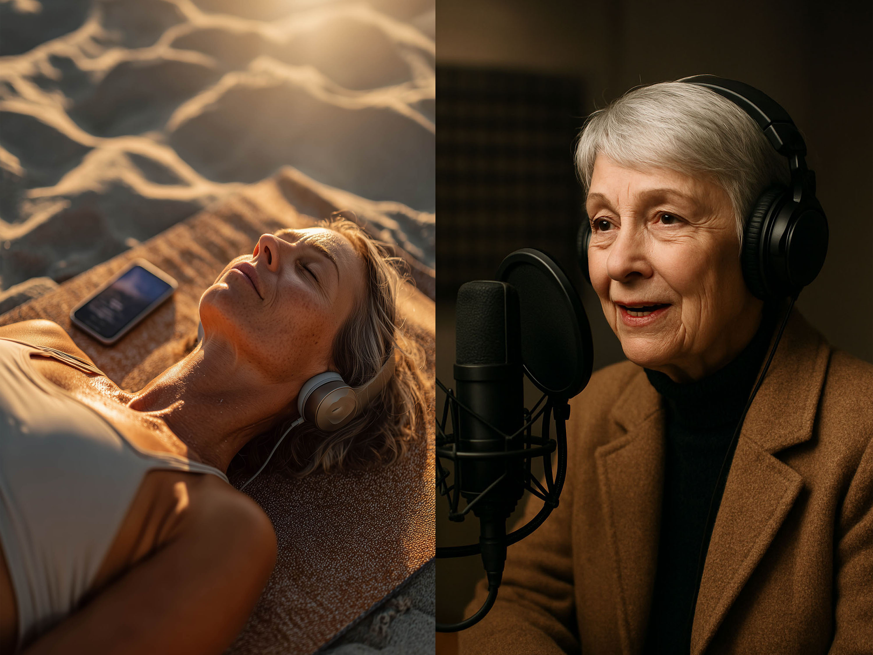 Woman peacefully listening to personalized meditation audio with headphones