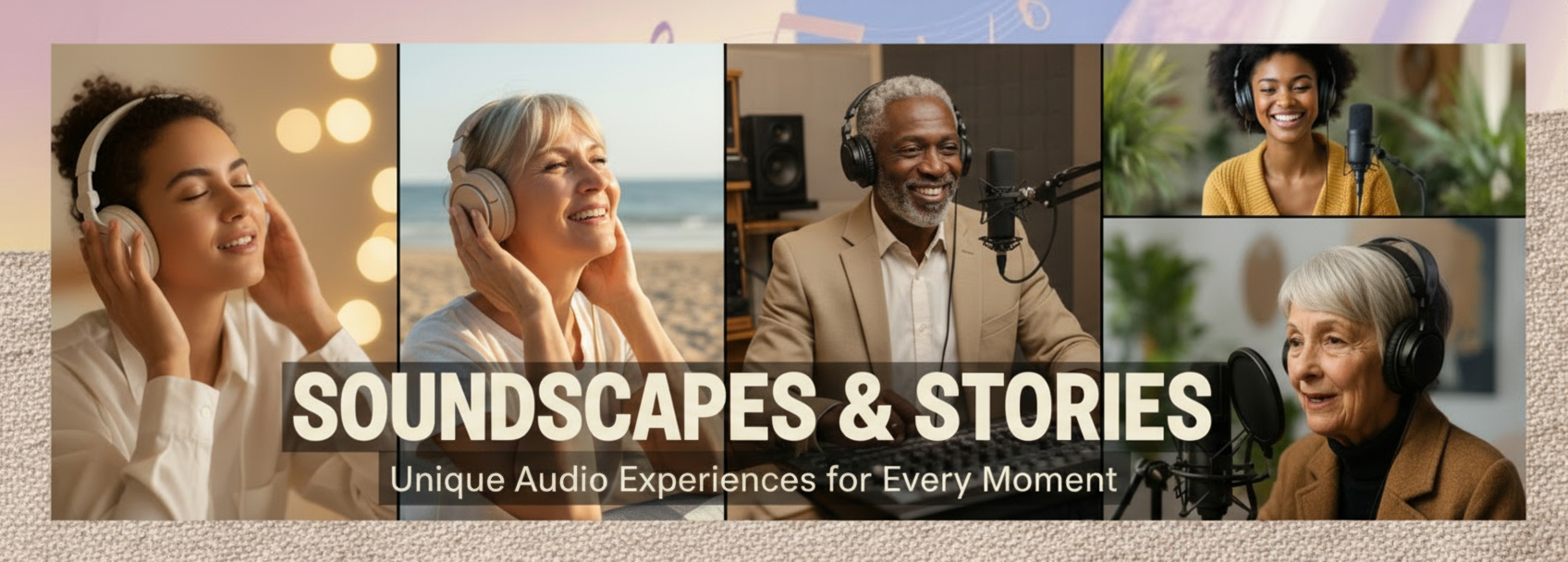 Diverse people enjoying personalized audio experiences with headphones and professional voice recording setup